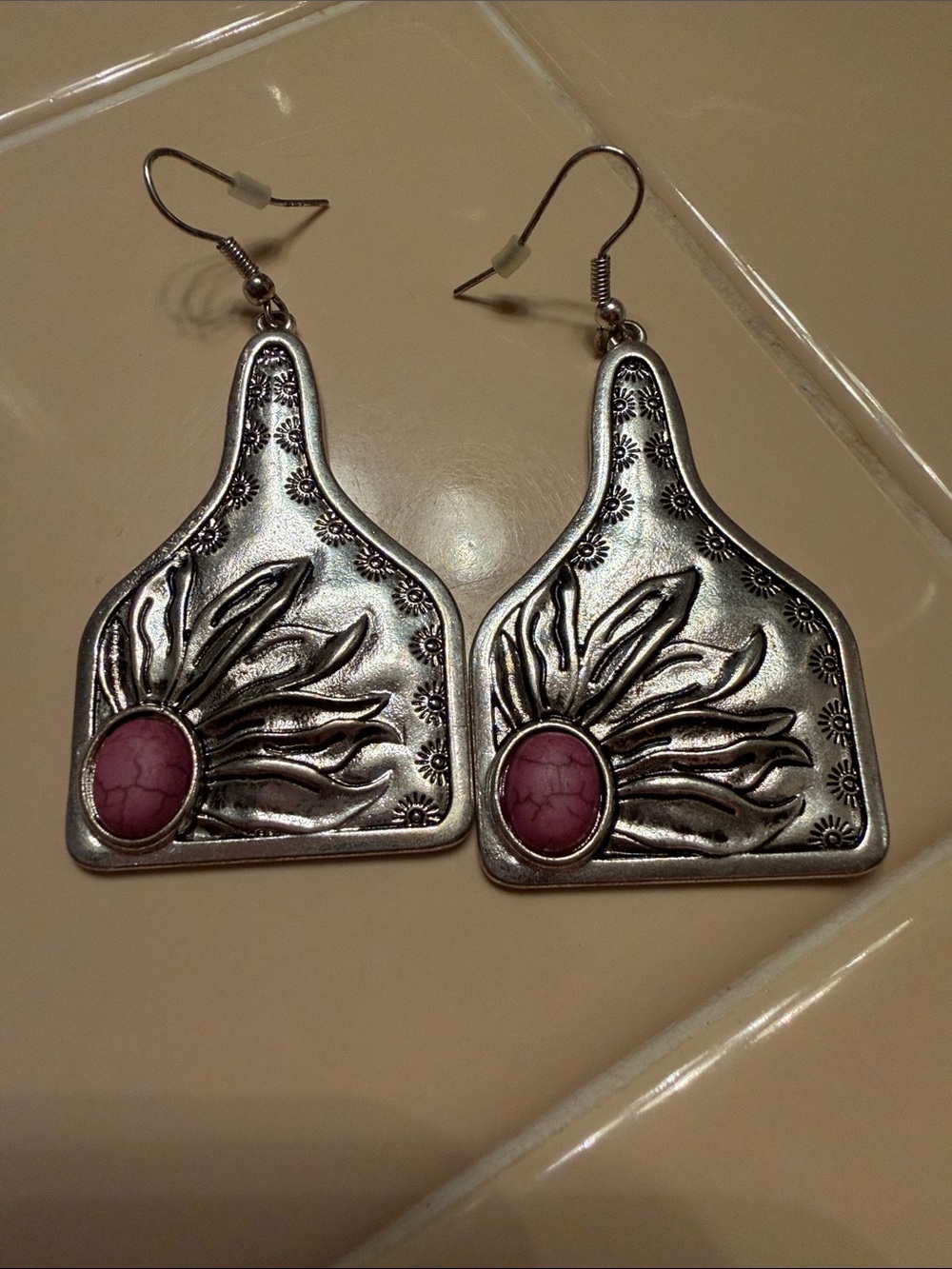 Western Silver-Tone Floral Dangle Earrings with Pink accents